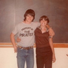 c1970s High School Classroom Couple Snapshot Photo Pirates Graphic T-Shirt Vtg picture
