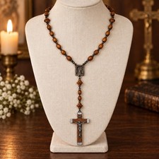 c1940’s Lourdes France Wood Bead Rosary Lrg Crucifix Catholic Convent Devotional picture