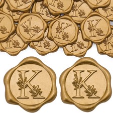 SWANGSA 50 Pack Letter K Wax Seal Stickers - Antique Gold Botanical Leaves In picture
