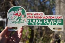 RARE 1950s LAKE PLACID NEW YORK VACATION LAND PAINTED METAL TOPPER SIGN SKIING picture