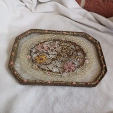 ANTIQUE EDWARDIAN FRENCH BOUDOIR METALLIC RIBBON WORK LACE GLASS DRESSER TRAY picture