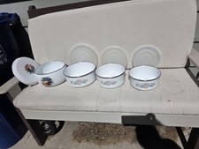 Vintage Enameled White Metal Bowl With Metal Lid,3 Matching Enameled Bowls- Lids picture