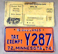 New NOS 1972 1974 Minnesota MN 10,000 Lakes Tax Exempt License Plate Y287 picture
