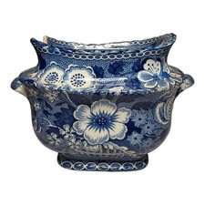 Broken Antique Blue Transfer Stone China Sauce Tureen English Staffordshire picture