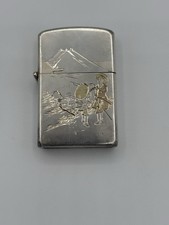 Vintage Japanese 950 Silver Lighter Hokusai Mt Fuji Mixed Metal Hand Engraved picture