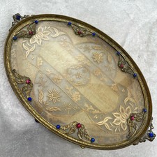 Antique Jeweled Vanity Tray Gold Lace Insert Glass Oval Handles Footed Apollo * picture