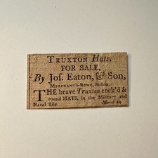 Truxton Hats Sale Jos Eaton & Son Merchant's Rowe Boston 1799 Clipping 5AK9-S8 picture