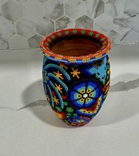 Vintage Authentic Huichol Indian Hand Beaded Vessel FolkArt Mexican Pottery Vase picture