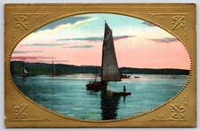 Antique Sailboat Gold Embossed Border Postcard 1909 New York Postmark picture
