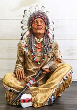 Large Sitting Native Indian Tribal Chief Medicine Man With Peace Pipe Figurine picture