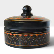 Vintage Hand Painted Turned Wood Lidded Box Black Red Gold Asian Folk Art picture