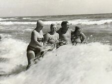 1960s Three Plump Women Bikini Shirtless Man big wave Sea Vintage Photo Snapshot picture
