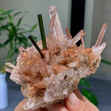 229G Natural Green tourmaline with quartz crystal cluster mineral specimen picture