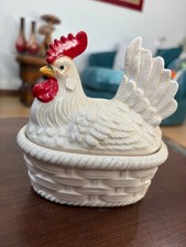 Vintage Ceramic White Red Rooster Chicken on Nest Woven Basket Trinket Dish picture