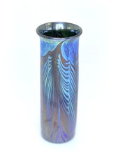 Blue Luster Vase With Red Feather Design. Blown Glass by Saul Alcaraz picture
