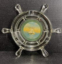 Vintage ATLANTIC CITY, NEW JERSEY Glass Ship Nautical Wheel Ashtray 6.75 in. picture