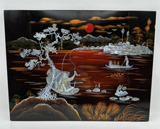 Vintage Vietnamese Mother of Pearl Lacquer Wall Art Fishing Village Scene Large picture