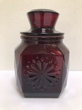 VTG Wheaton Snowflake Sunburst Ruby Red 7.5”Glass Apothecary Jar Canister w/Lid picture