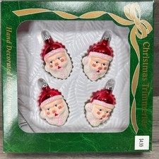 Vintage Santa Christmas Trimmeries Ornaments Hand Blown Glass Glittered Box of 4 picture