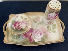 Antique RS Germany Porcelain Dresser Vanity Set Tray, Hat Pin Holder Powder Jar  picture