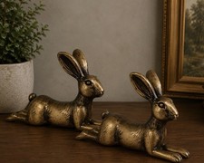 TWO Antique Gold Bunny Rabbit Bookends Vintage Style Bookends Figurines picture