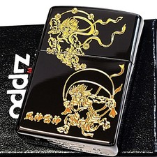 Zippo Fujin Raijin Pattern Etching Carving Black Nickel Gold Regular Lighter picture