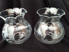 Vintage Set Of 2 Etched Leaf Pattern Clear Glass Hurricane Lamp Shades Globes  picture