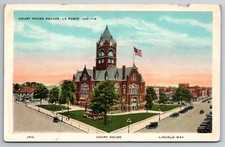 Vintage Postcard IN La Porte Court House Square Jail Old Cars Aerial View picture