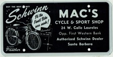 Santa Barbara California Mac's Shop Vintage Schwinn Bicycle Dealer License Plate picture