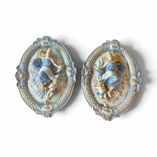 Pair Vintage Oval Ceramic Angel Cherub Wall Plaques Relief Blue Gold picture