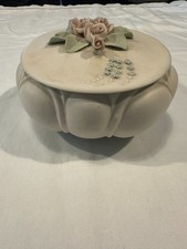 Vintage Matte Bisque Porcelain Trinket Box w/ Applied Floral Detail Signed 1970s picture
