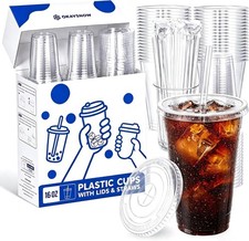 100 Pack 16 oz Clear Plastic Cups with Lids and Straws for Ice Coffee | Organize picture