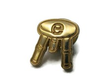 Vintage E*TRADE Financial Logo Lapel Pin Gold Tone Metal Key Shape Letter E Tack picture