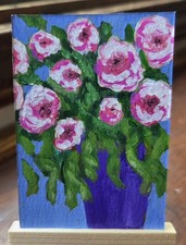 ACEO Original Acrylic Painting Pink Roses Purple Vase Floral Art OOAK picture