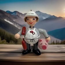 RARE Kathe Wohlfahrt Christmas Ornament Butcher Bratwurst Brat Pig Wooden 3” picture