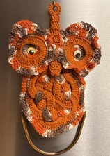 Vintage 1970s Boho  Owl Macrame Wall Hanging Orange Grandma Kitchen MCM picture