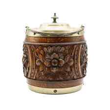 Antique English Heavily Carved Biscuit Barrel Oak & Silverplate w/ Porcelain picture