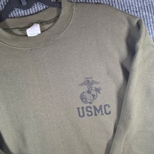 USMC Marine Corps Sweatshirt Mens L Olive Green Made USA Military EGA Crewneck picture