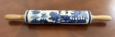 Vintage Blue Willow Ceramic And Wood Rolling Pin  Chinoiserie Pagoda Landscape picture