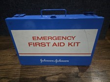 Vintage J&J Metal Emergency First Aid Kit With Supplies picture