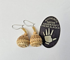 Vintage Authentic Alaska Native Woven Grass Basket Earrings Healing Hand Tag picture