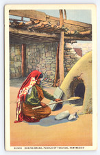 c1938 Pueblo Indian Woman Baking Bread, Tesuque NM Postcard picture