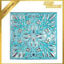 Peel And Stick Metal Tiles, Teal Silver Leaves, 10 Pack, 8x8 Inch Wall Decor picture