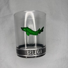 BELUGA Russian Vodka NEW Rocks Glass Tumbler Pewter Base & Whale 8oz. Green picture