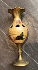 Vintage Hand Designed Peony Cloisonné Brass Bud Vase/Incense Holder 6”T India picture