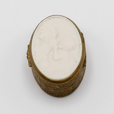 Vintage Italian Brass Pill Trinket Box Mother and Child Cameo Oval Made in Italy picture