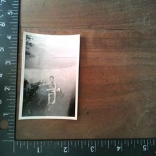 Man in Swimsuit 1940s 1950s Snapshot Photograph Lake Mountains Vintage picture
