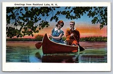 Greeting From Rockland Lake NY New York Man & Woman Canoeing Vintage Linen picture