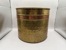 Vintage Aged Brass Planter Pot Drum Copper Stripe 8” Wide 7” Tall Rustic Country picture