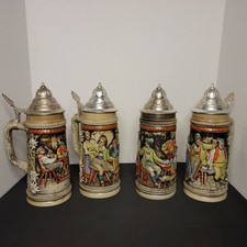 Vintage S.P. Gerz German Beer Steins Lot of 4 0.5L Pewter Lids Relief Germany picture